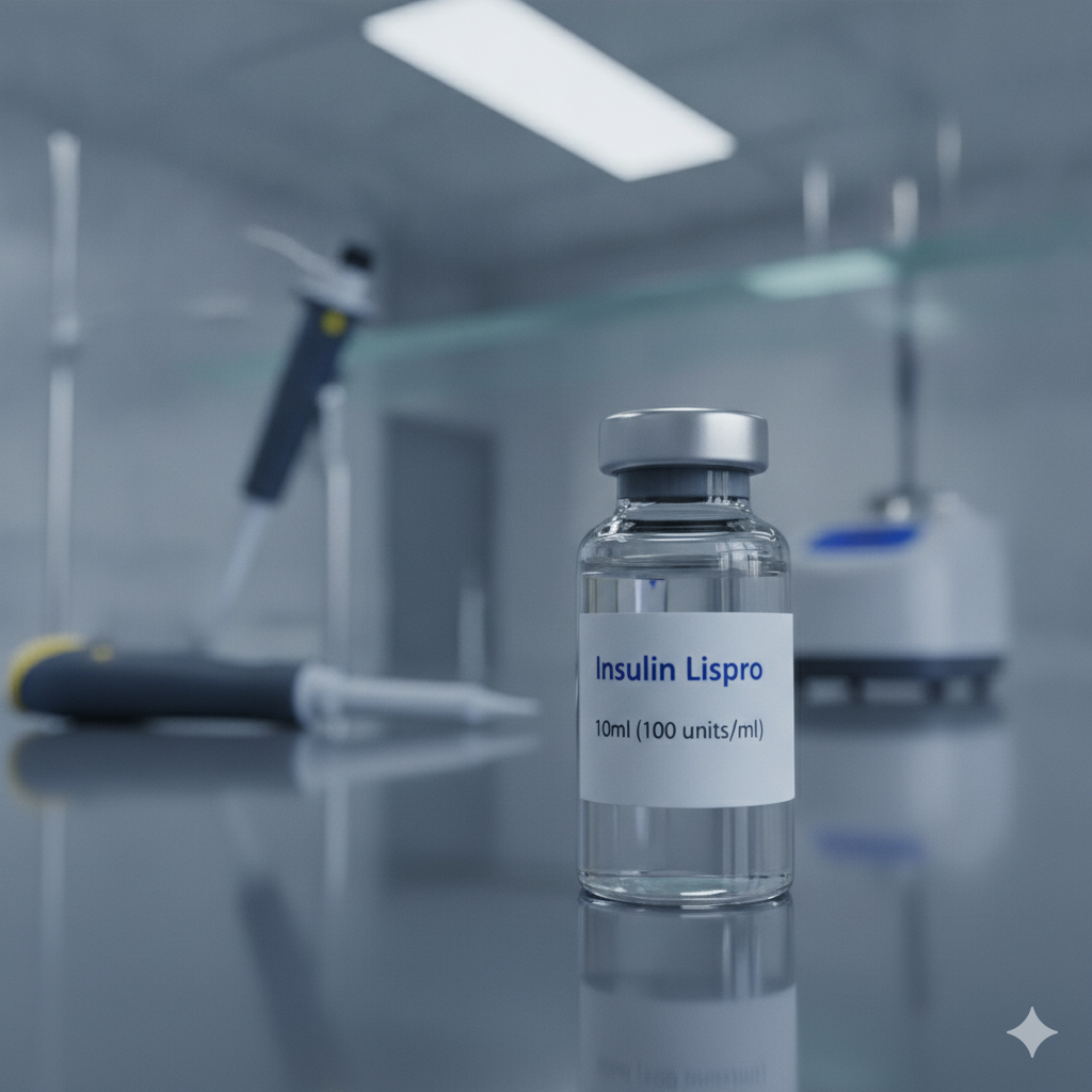 glass vial with insulin on a lab bench