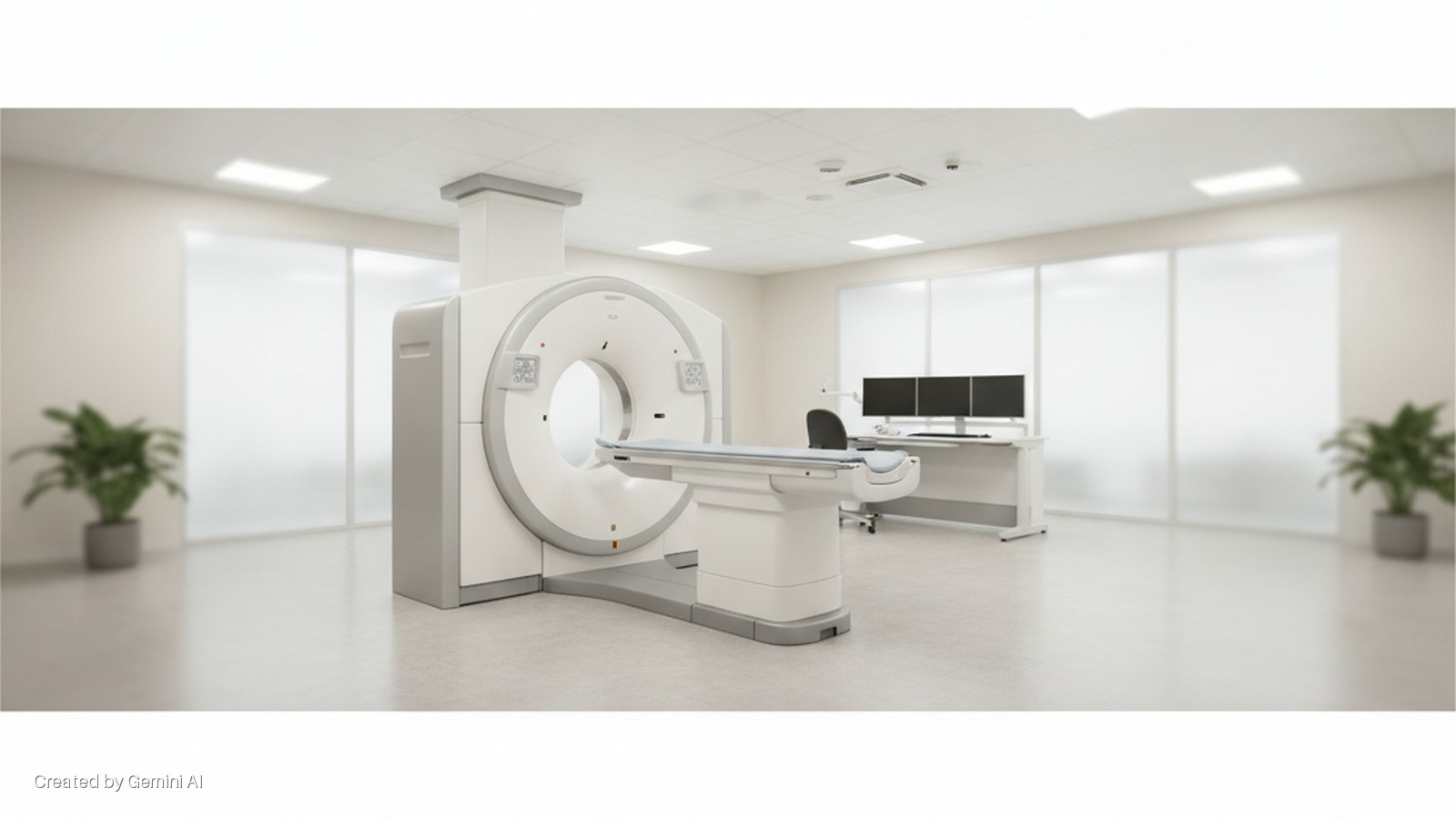 A brightly lit medical imaging room features a CT scanner with a patient table, a control desk with three monitors, an office chair, and two potted plants.