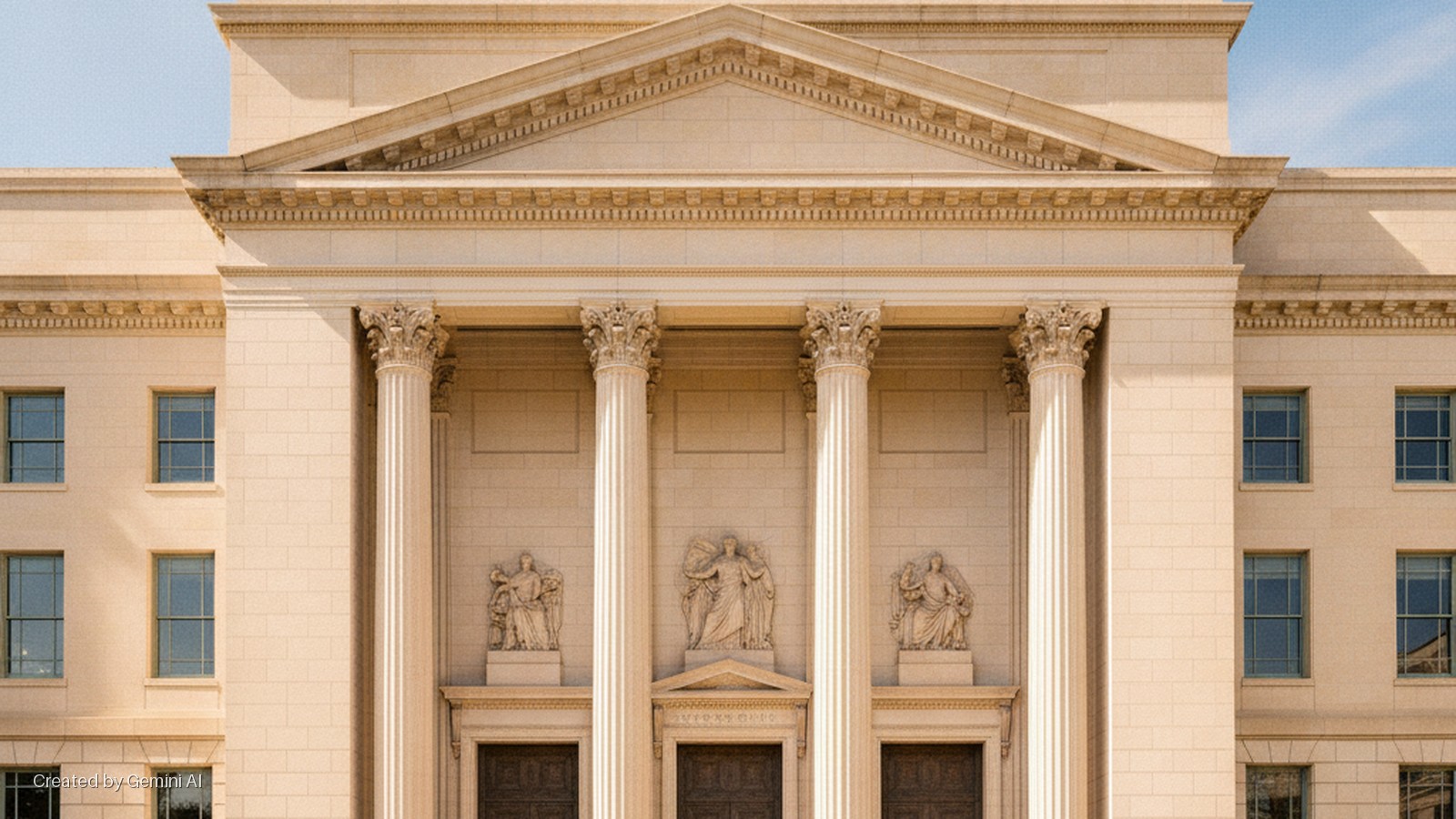 The front facade of a large, light-colored neoclassical building features a central portico with four fluted Corinthian columns, a triangular pediment, three statues above entrance doors, and multiple windows, all brightly illuminated by da