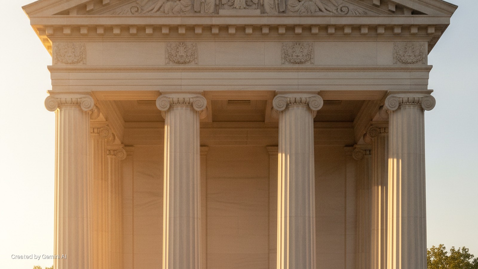 The front portico of a neoclassical building features Ionic columns, a decorative frieze, and a pediment, all illuminated by warm golden hour sunlight casting distinct shadows.