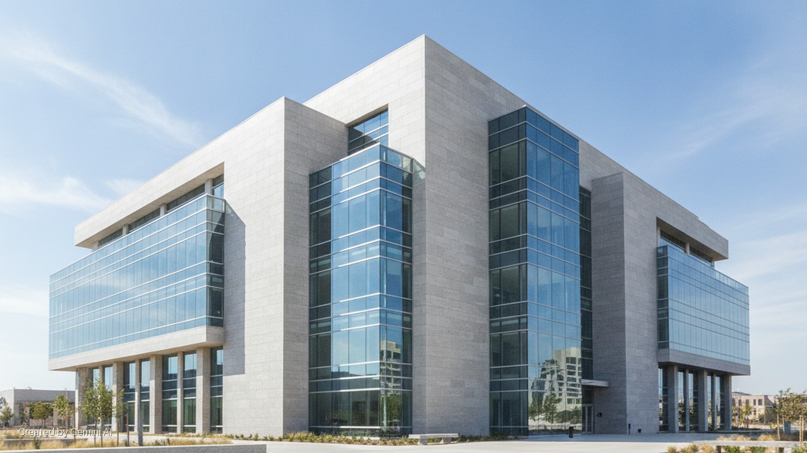 A contemporary multi-story building featuring grey stone and extensive reflective blue glass facades, set outdoors under a bright, clear blue sky.