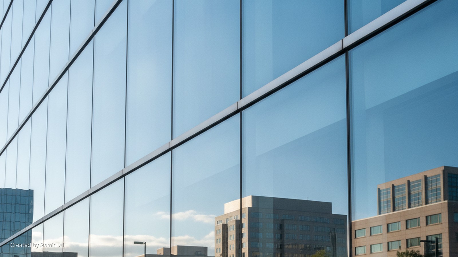 A modern building's blue glass facade with dark mullions reflects a bright blue sky, white clouds, and other urban buildings under clear daylight.