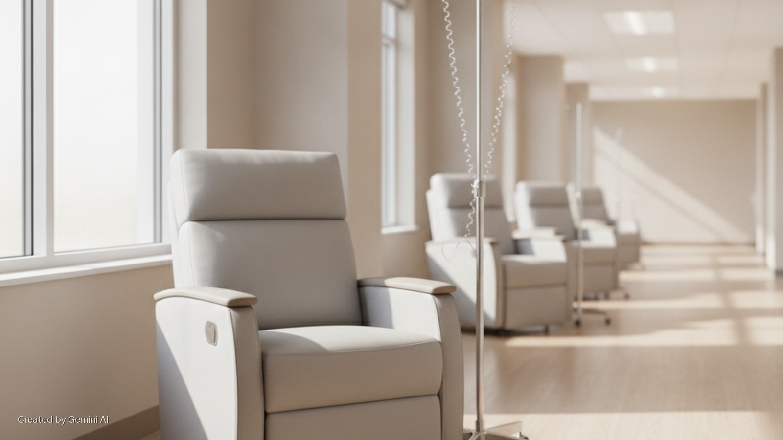 A row of light grey reclining chairs and IV poles are situated in a brightly lit medical infusion room with large windows.