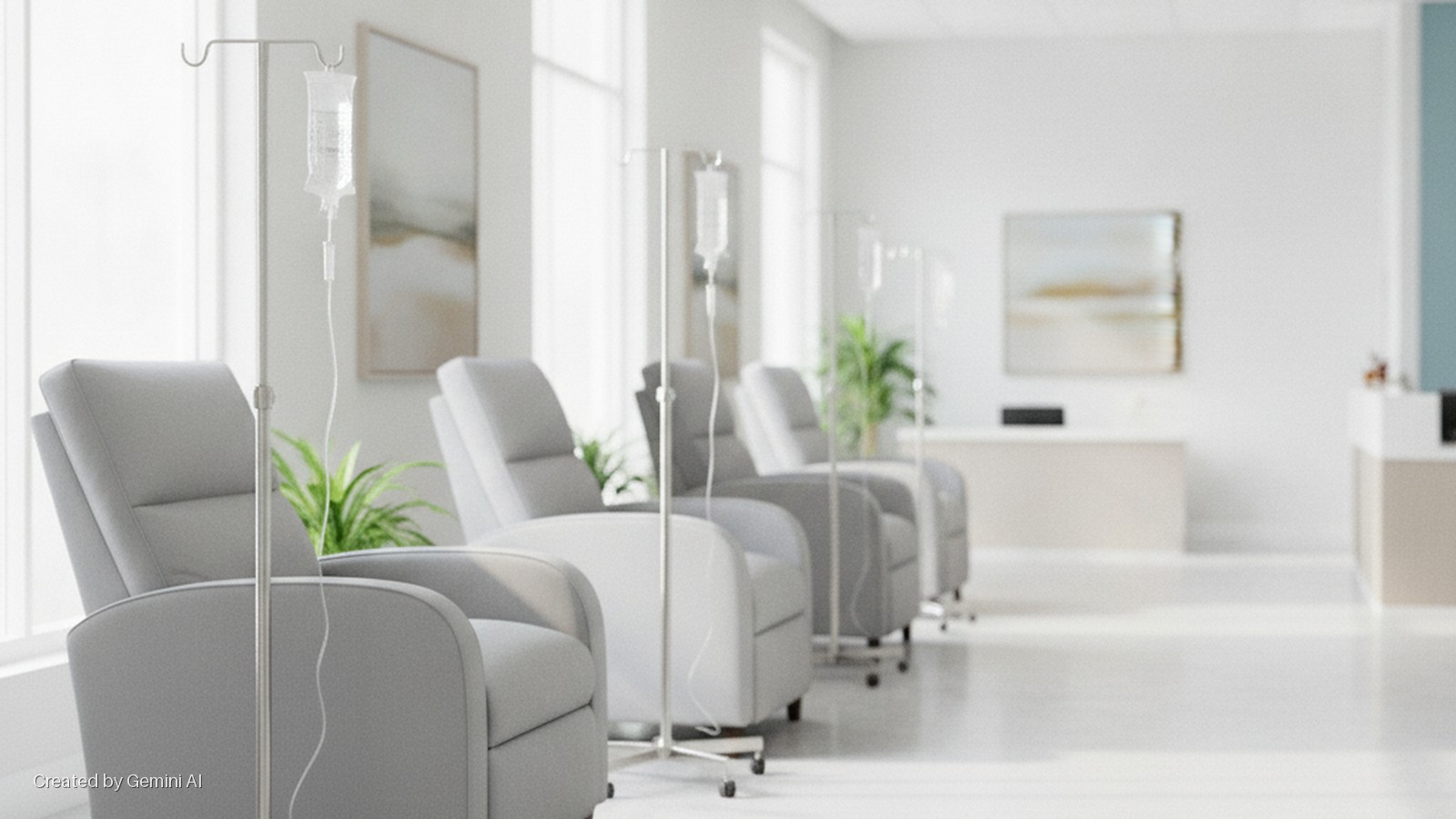 A bright medical infusion room features a row of grey recliners, each with an IV pole and fluid bag, complemented by potted plants, wall art, and light-colored counters in the background.