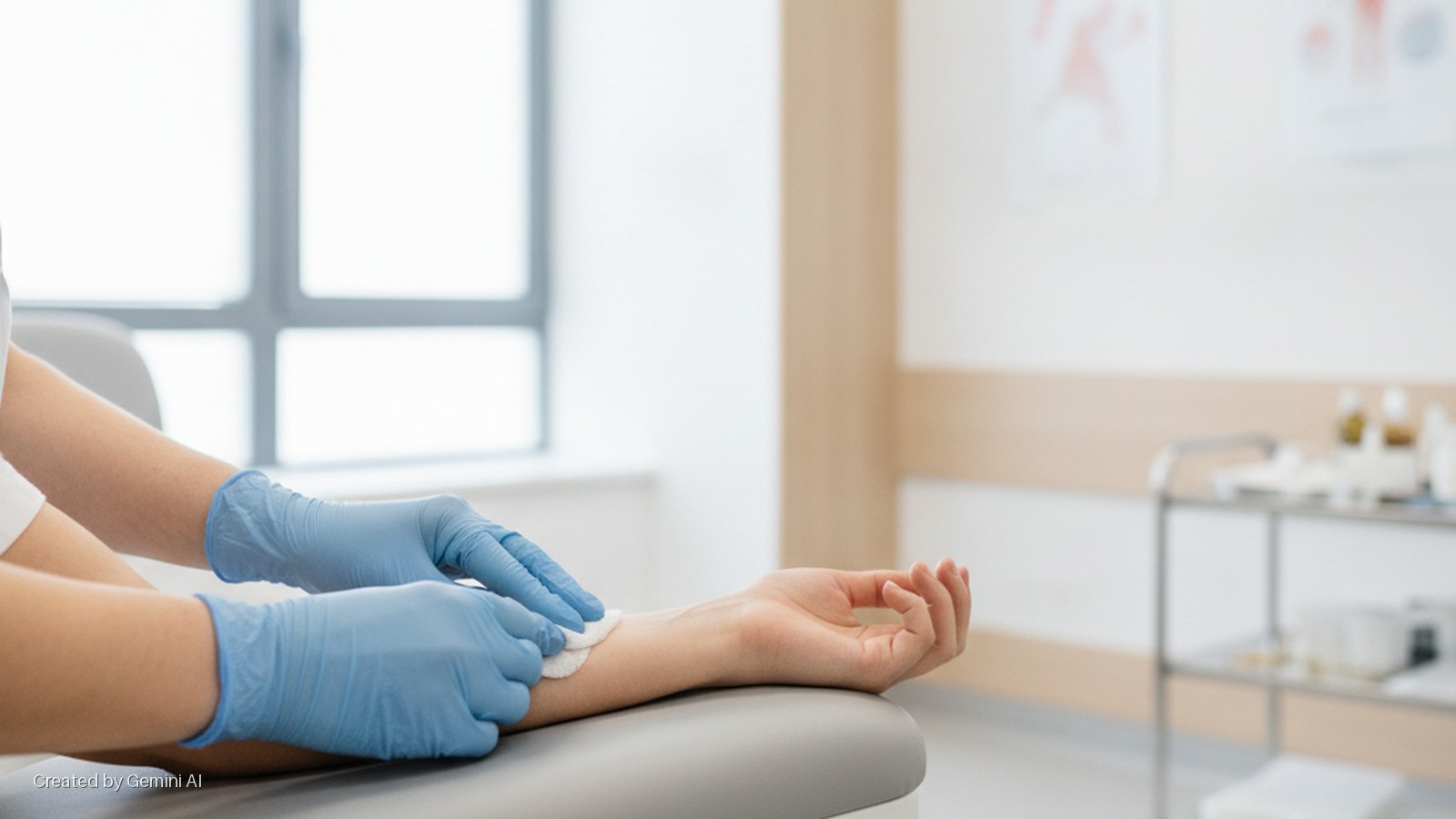 A person in blue medical gloves wipes a patient's forearm with a cotton swab on an examination chair in a bright medical room with a large window and a blurred supply cart.