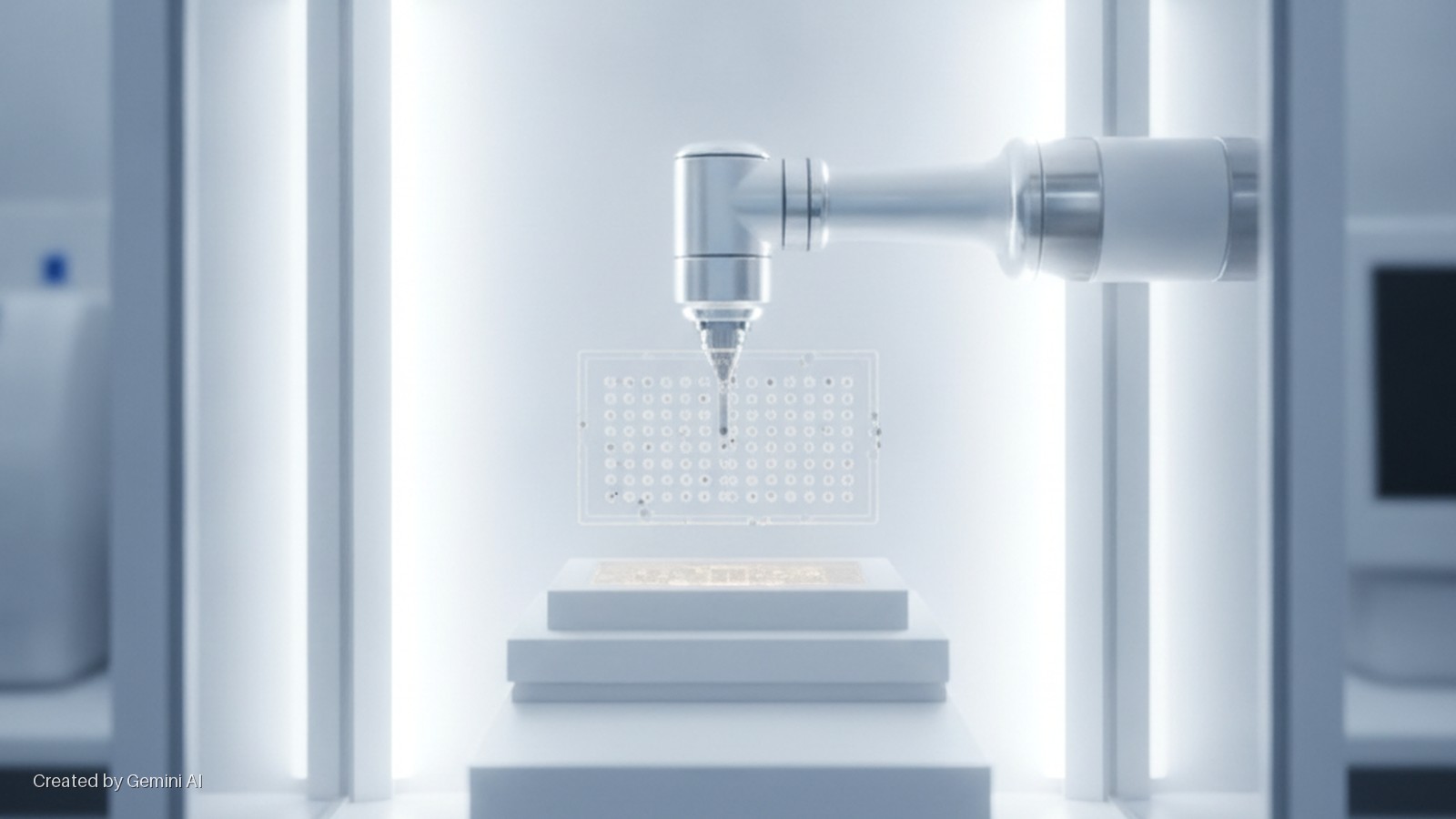 A robotic arm dispenses into a transparent well plate positioned above a golden chip on a white pedestal within a brightly lit, sterile laboratory.