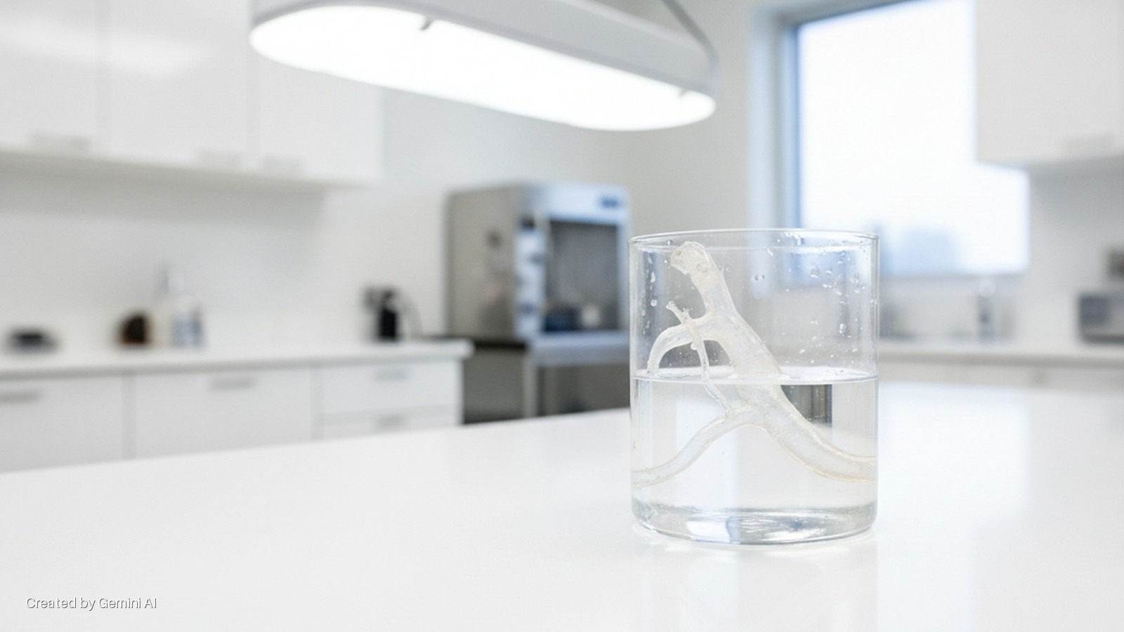 A clear glass with a submerged, translucent anatomical model sits on a white countertop in a brightly lit modern laboratory.