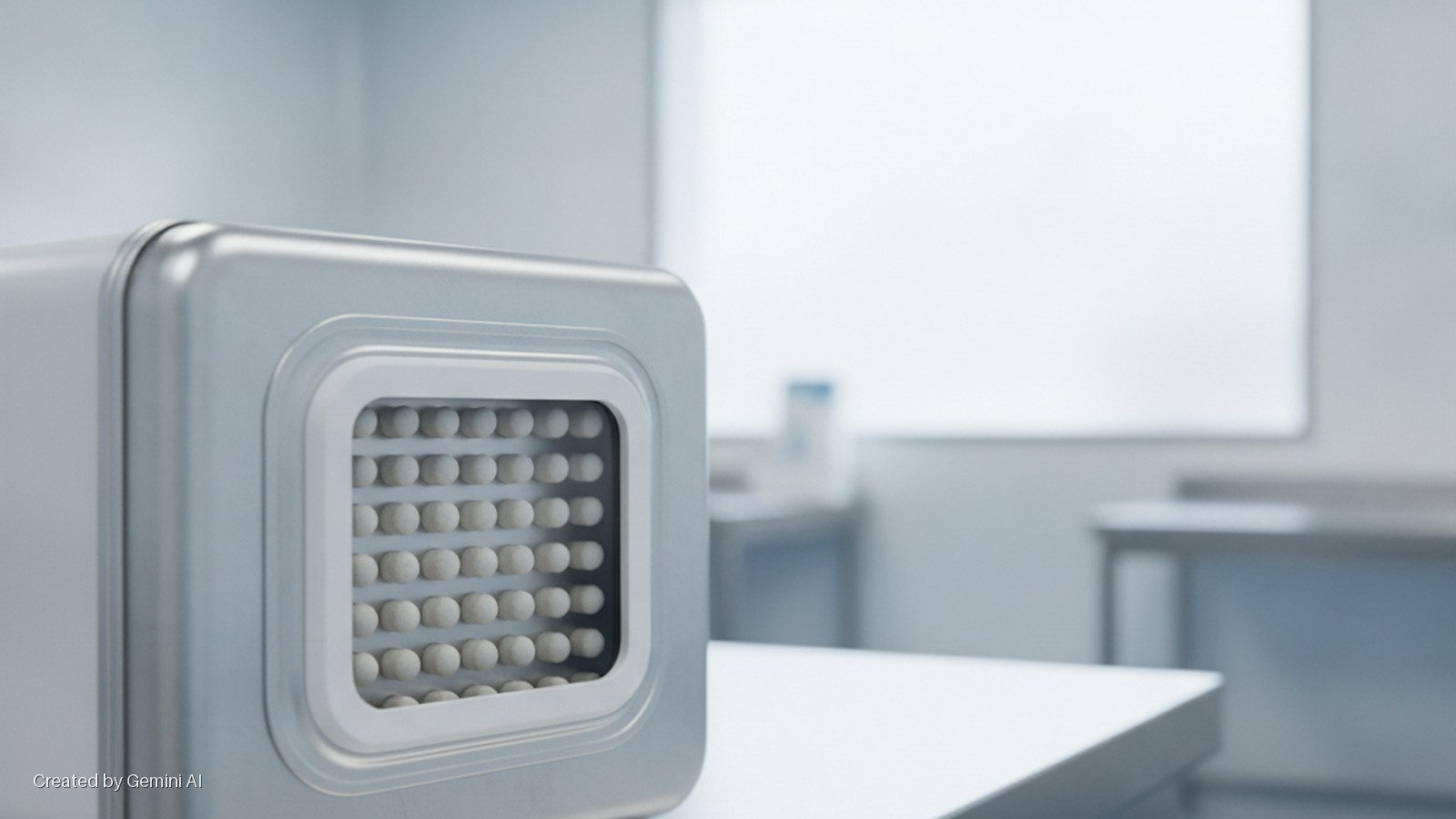 A silver-gray rounded device with a grid of white spherical objects rests on a white table in a brightly lit, sterile room with a blurred window.