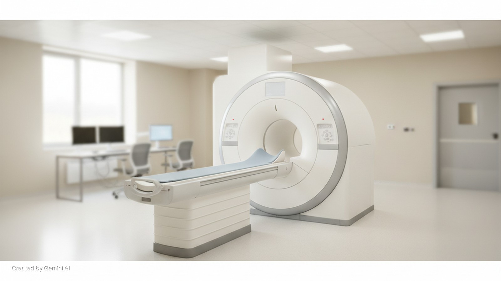 A white MRI machine with an attached patient bed stands in a brightly lit medical room, with computer workstations by a window and a closed door in the background.