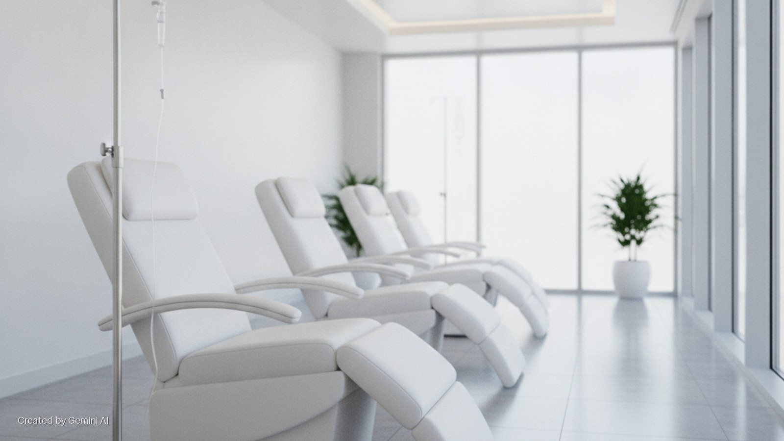 A brightly lit, modern medical infusion room features a row of white reclining chairs, an IV pole in the foreground, and a potted plant next to large windows.