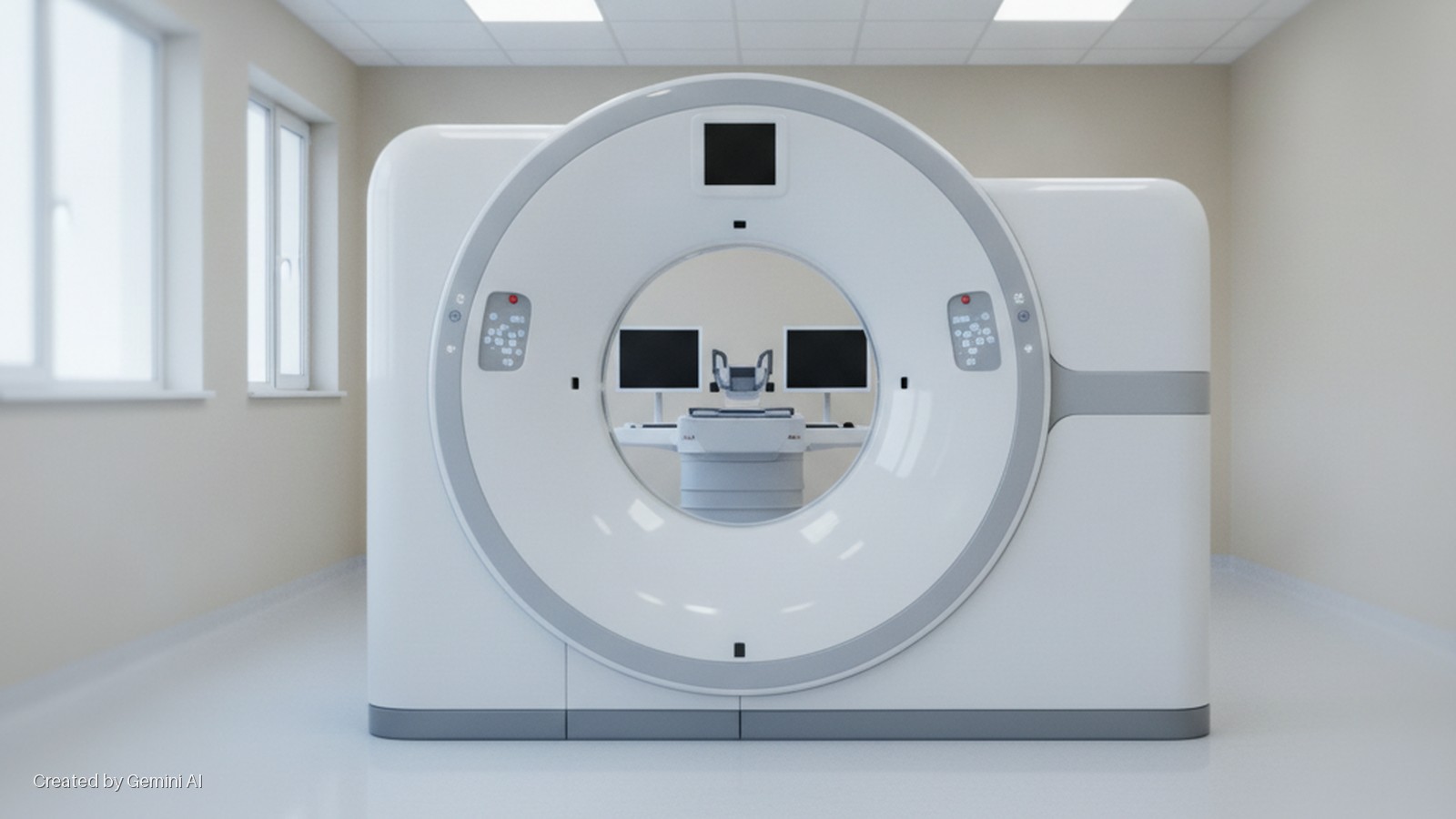 A large, white CT scanner with a patient table, two internal monitors, and two control panels stands in a brightly lit medical examination room with windows.