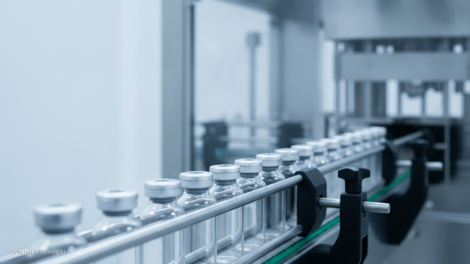 Clear glass vials with silver caps move along a metal conveyor belt in a brightly lit, sterile manufacturing facility.