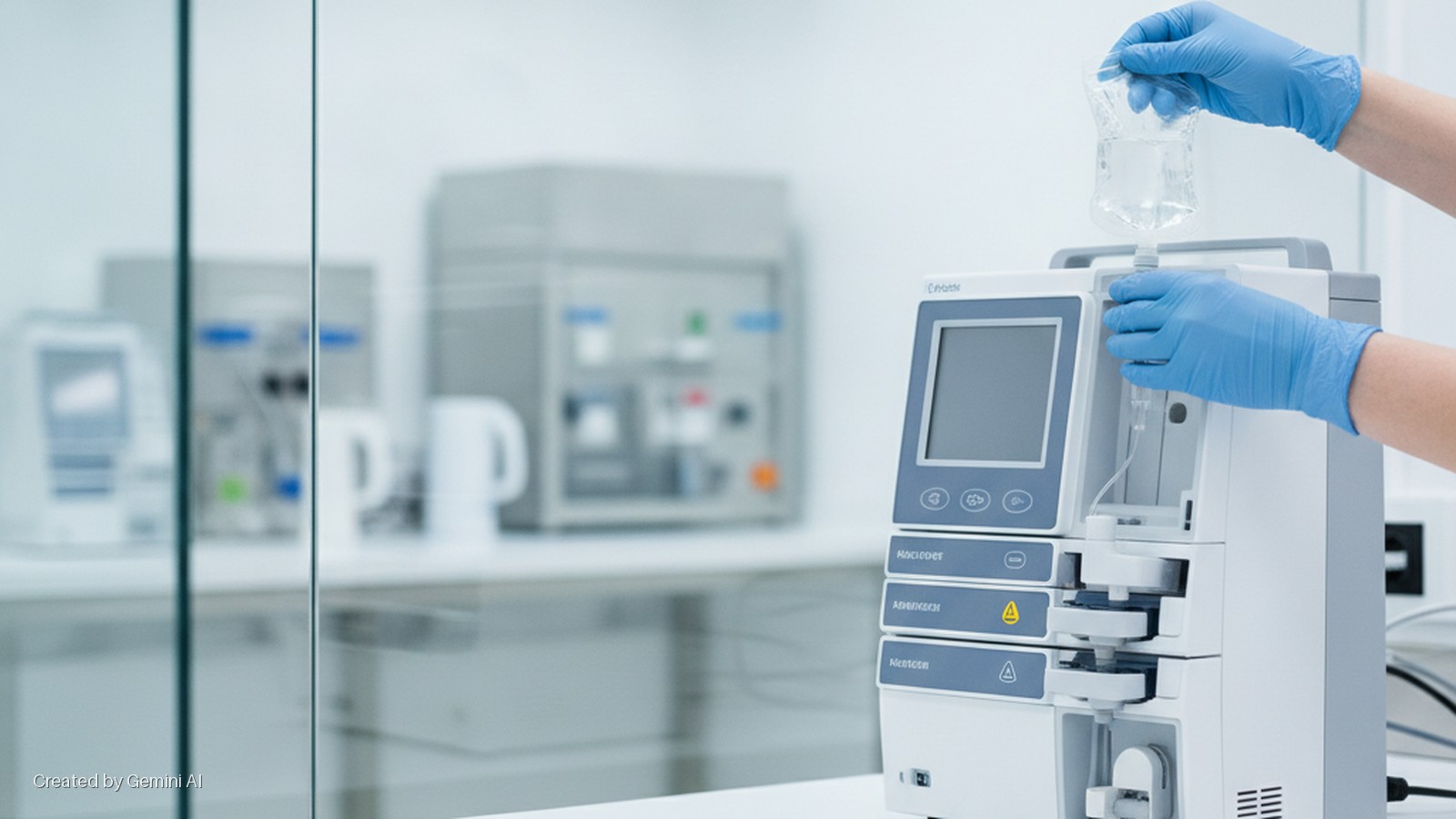 Gloved hands attach a clear fluid bag to a multi-module medical device with a screen in a brightly lit laboratory, with blurred equipment visible behind a glass partition in the background.