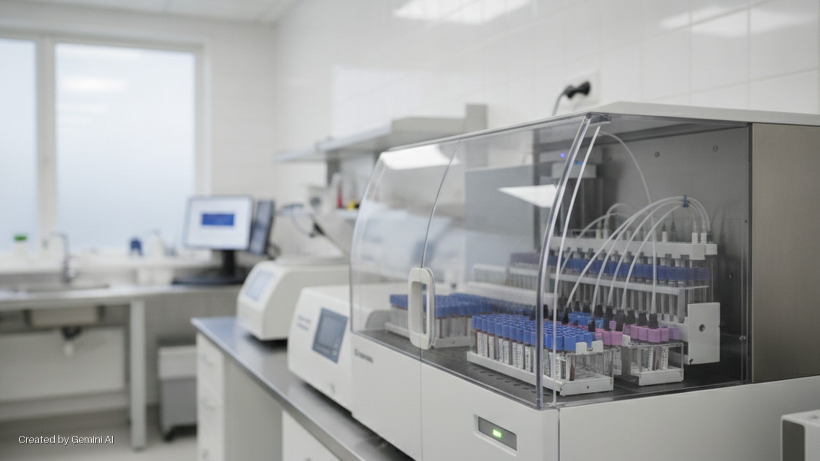 A brightly lit medical laboratory features an automated diagnostic analyzer filled with test tubes, a computer monitor, and a stainless steel sink next to a large window.