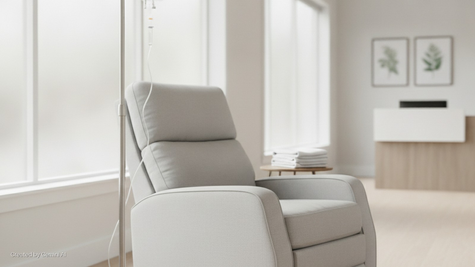 Bright natural light illuminates a modern room with a light grey recliner, an IV stand, a side table with stacked white towels, and a reception desk with framed botanical prints in the background.