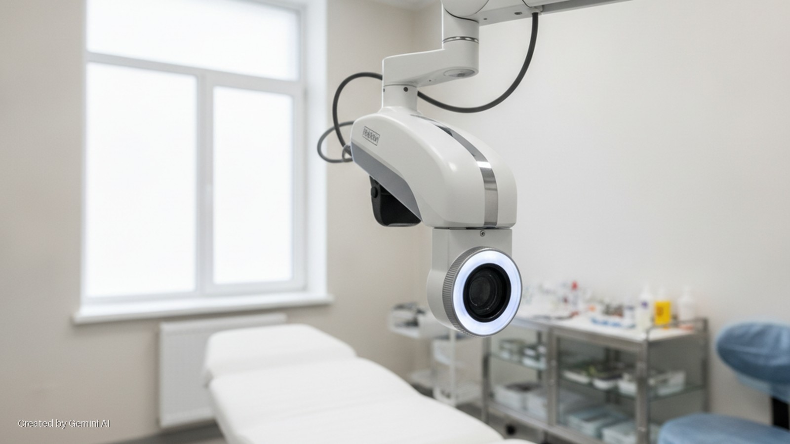 A bright medical examination room features a white ceiling-mounted surgical light/camera with a glowing ring light, a white examination bed, and a medical supply trolley, all illuminated by natural window light.