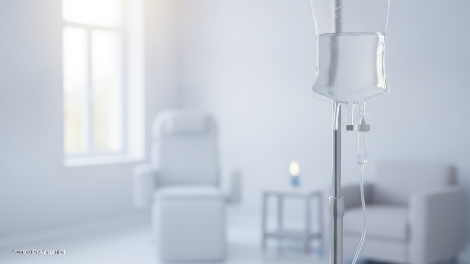 An IV bag with clear liquid hangs from a metal stand in the foreground of a bright, white medical room with a sunlit window, a reclining treatment chair, a side table, and an armchair in the blurred background.