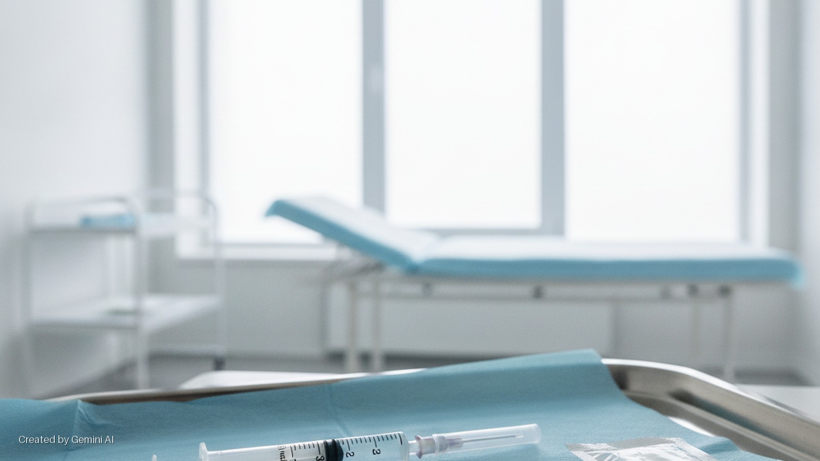 A syringe rests on a blue medical cloth in a metal tray in the foreground of a brightly lit examination room with an examination table and large windows in the background.