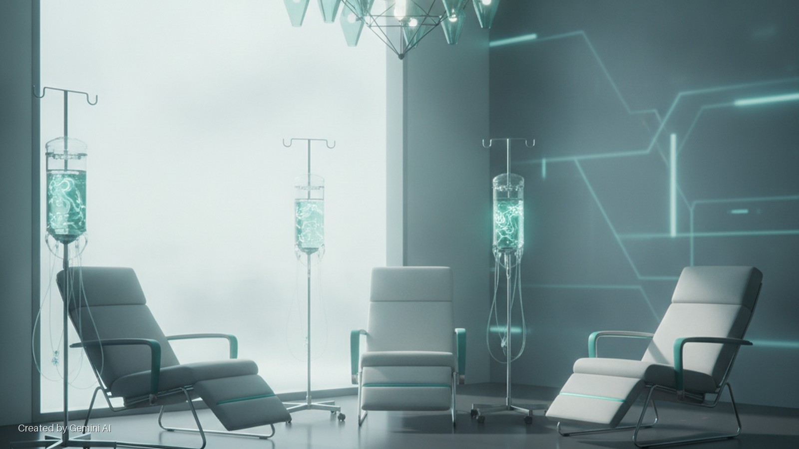 A brightly lit, futuristic room features two recliners, a central armchair, three IV drip stands with glowing green liquid, a geometric chandelier, and neon blue circuit patterns on the back wall.
