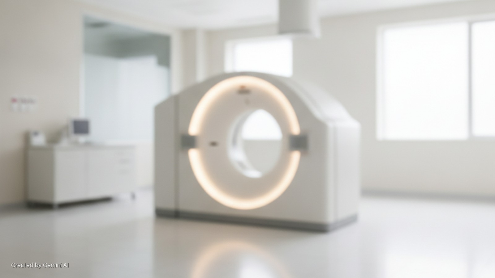 A brightly lit medical imaging room features a large, light gray CT scanner with an illuminated circular opening, a medical cabinet with a monitor, and windows in the background.