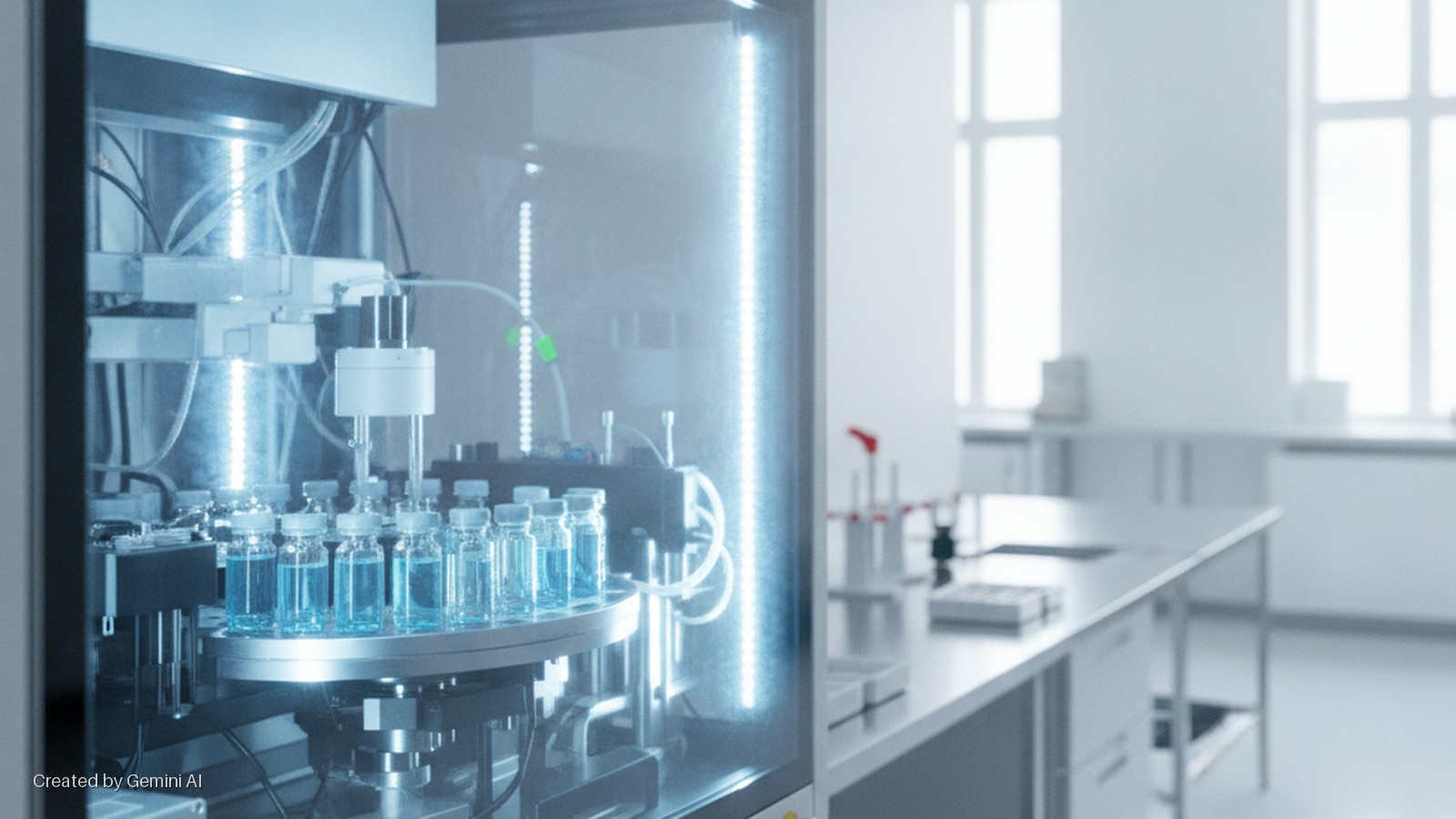 An automated laboratory machine, illuminated by bright blue internal lights, features glass vials filled with blue liquid on a rotating platform, positioned on a clean metallic lab bench in a brightly lit room with windows.