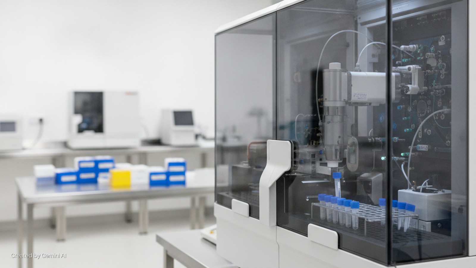 A brightly lit, modern laboratory features an automated scientific instrument with a clear cover displaying test tubes and internal components in the foreground, while blurred lab equipment and colorful supply boxes rest on stainless steel 
