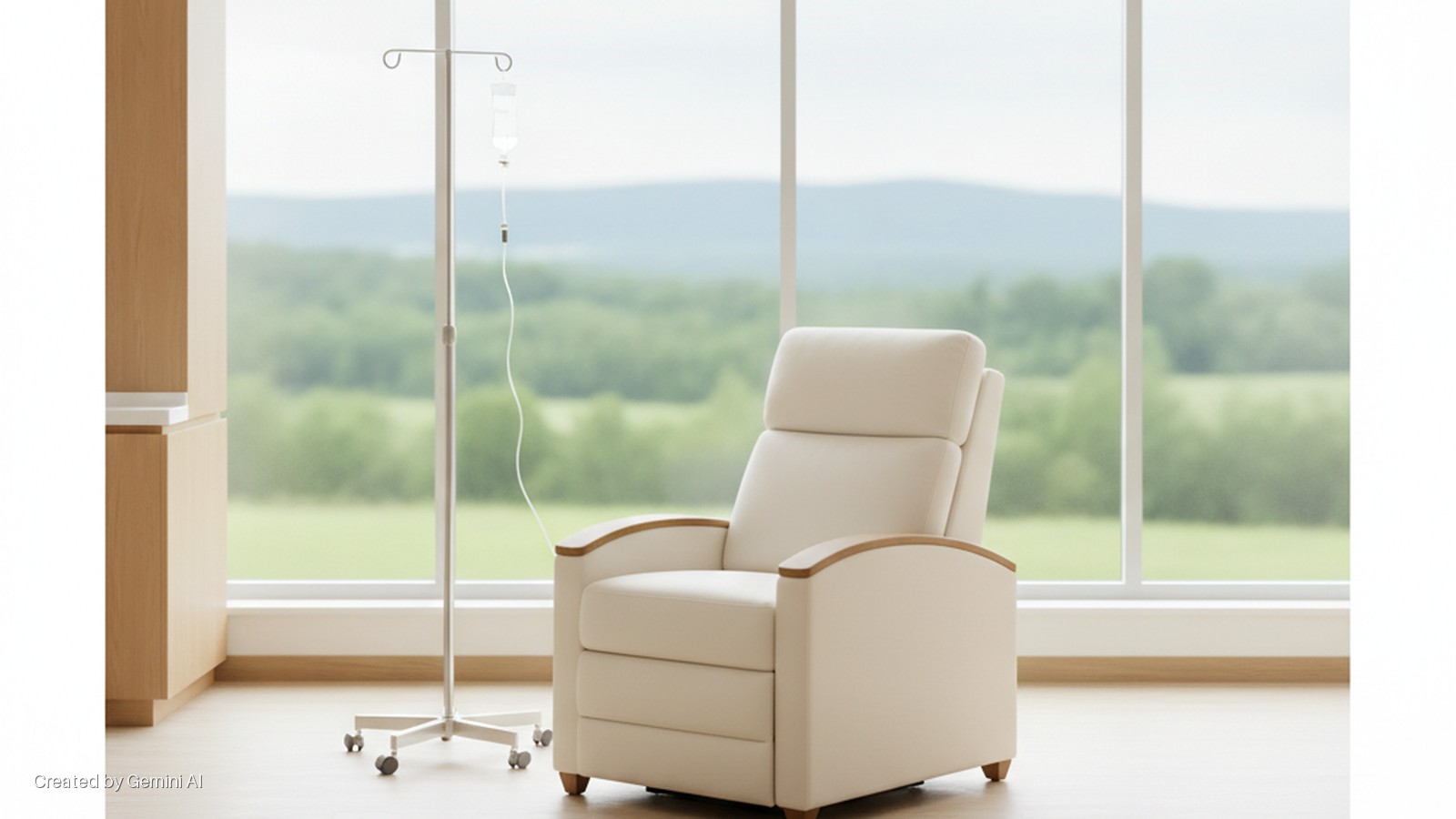 A bright room features an IV pole with a hanging bag, a beige recliner chair, and light wood cabinets, all illuminated by natural light from a large window overlooking a hilly green landscape.