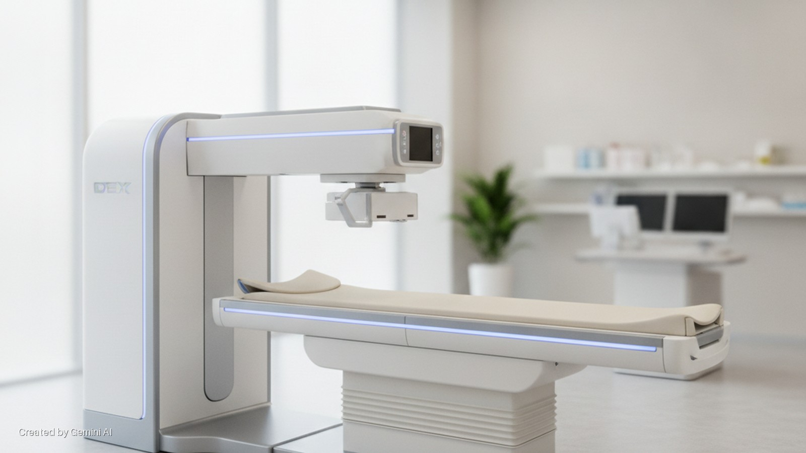 A bright medical examination room features a white DEX medical imaging machine with blue LED lighting and a cream-colored patient table, set against a blurred background with shelves, a plant, and a dual-monitor workstation.