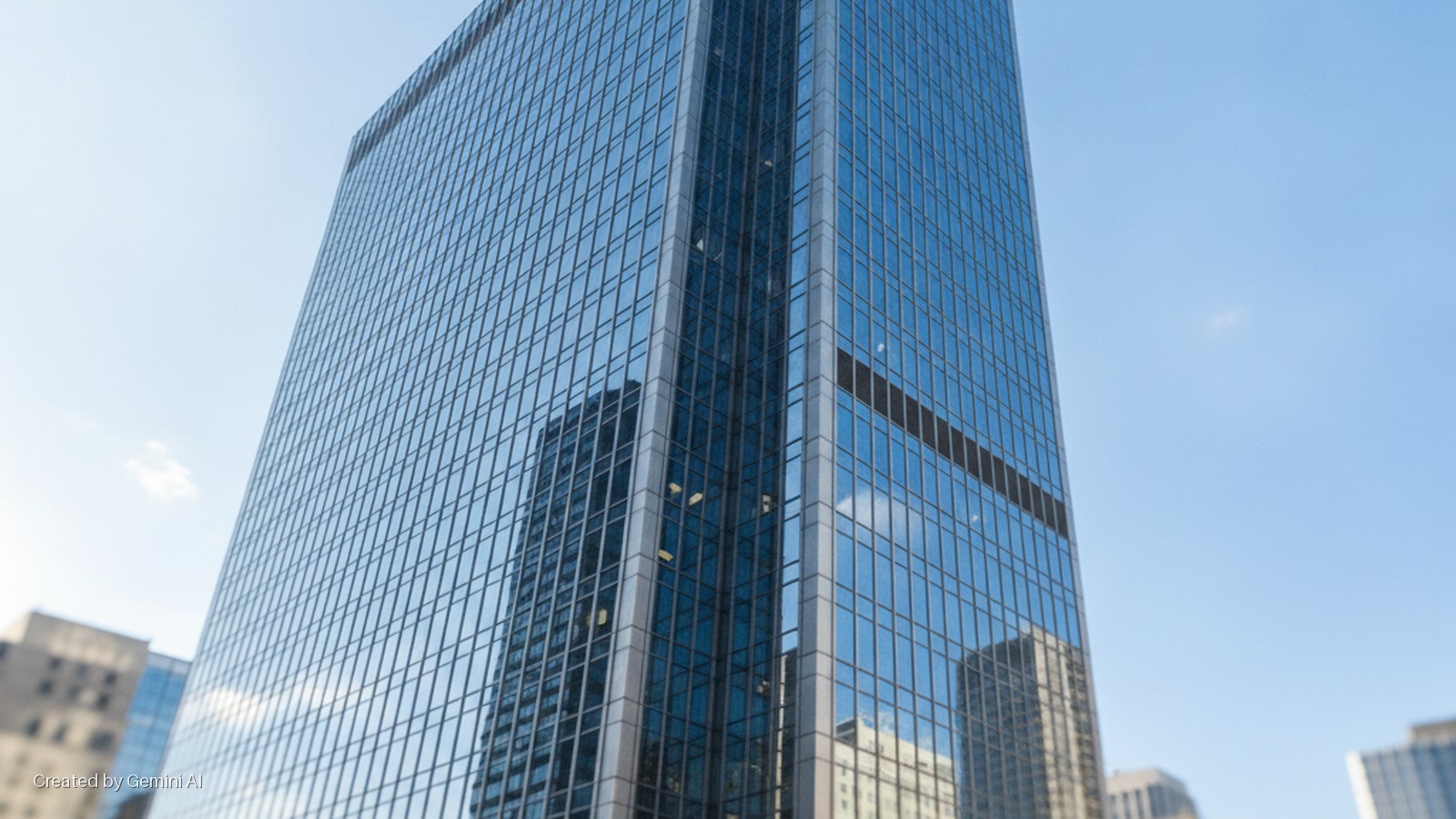 A tall glass skyscraper reflects nearby buildings under a clear blue sky.