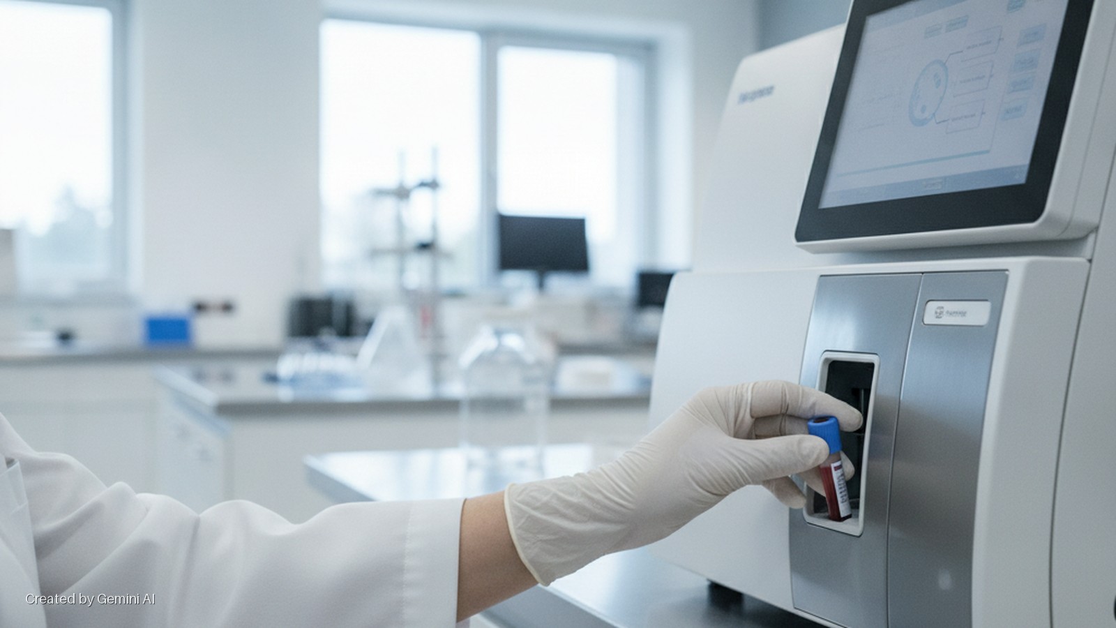 A gloved hand in a white lab coat inserts a sample tube into a white medical diagnostic machine with a screen, set in a brightly lit modern laboratory.