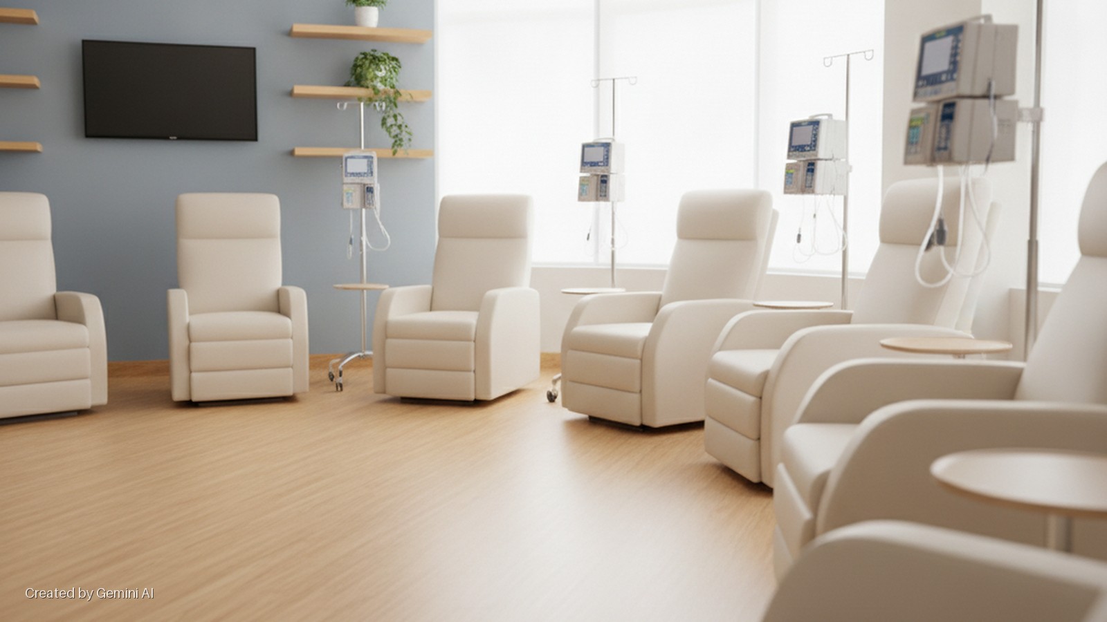 A bright, modern medical infusion room features rows of beige recliner chairs, each with an adjacent IV pole and medical pump, a wall-mounted TV, and light wooden shelves holding potted plants.