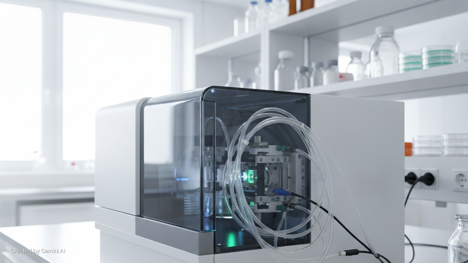 A scientific instrument with clear tubing and internal green light rests on a lab bench in a brightly lit laboratory, featuring shelves with bottles, petri dishes, and electrical outlets in the background.