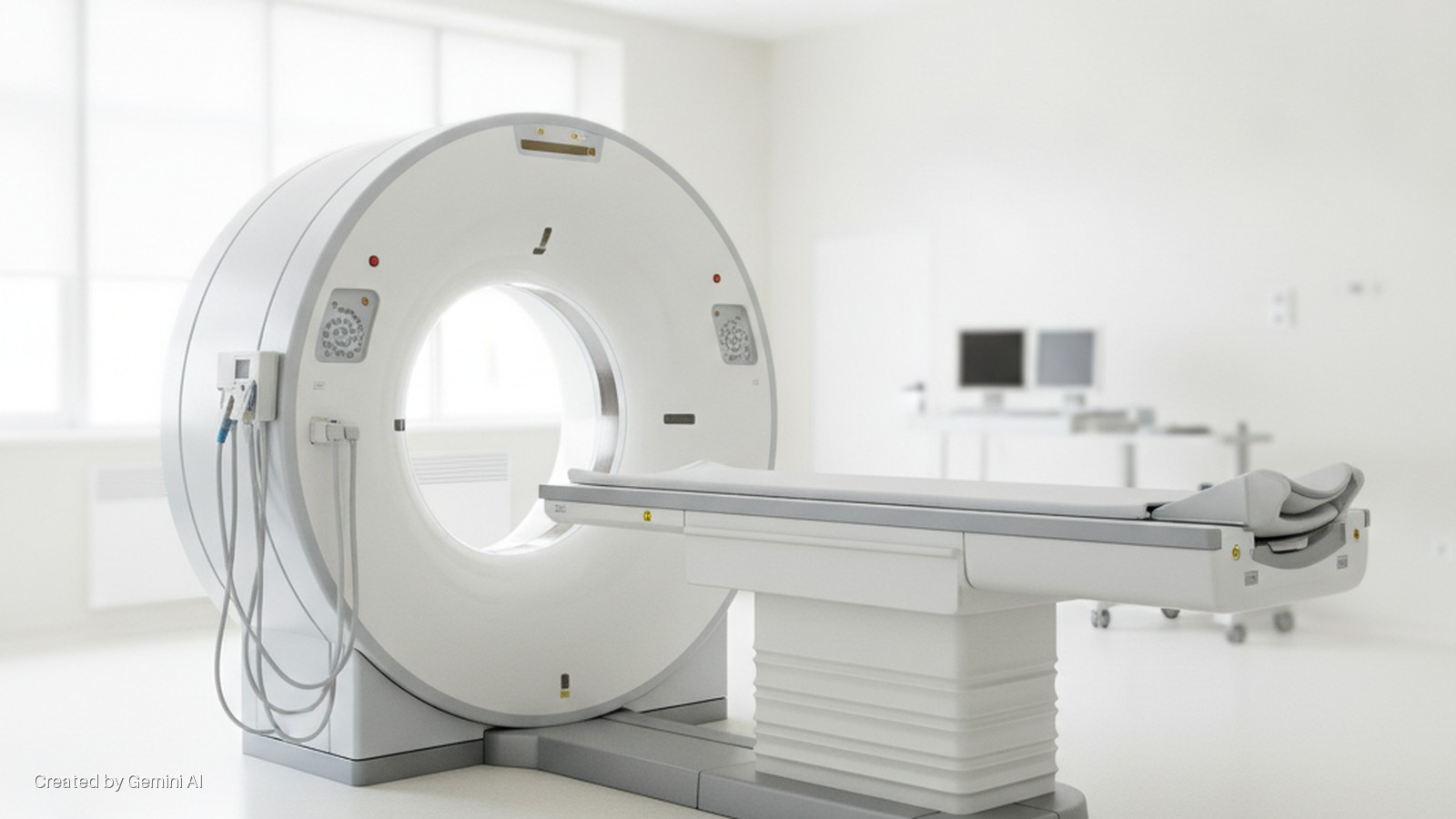 A brightly lit, modern CT scanner with an attached patient table is positioned in a clean, white medical imaging room with large windows.