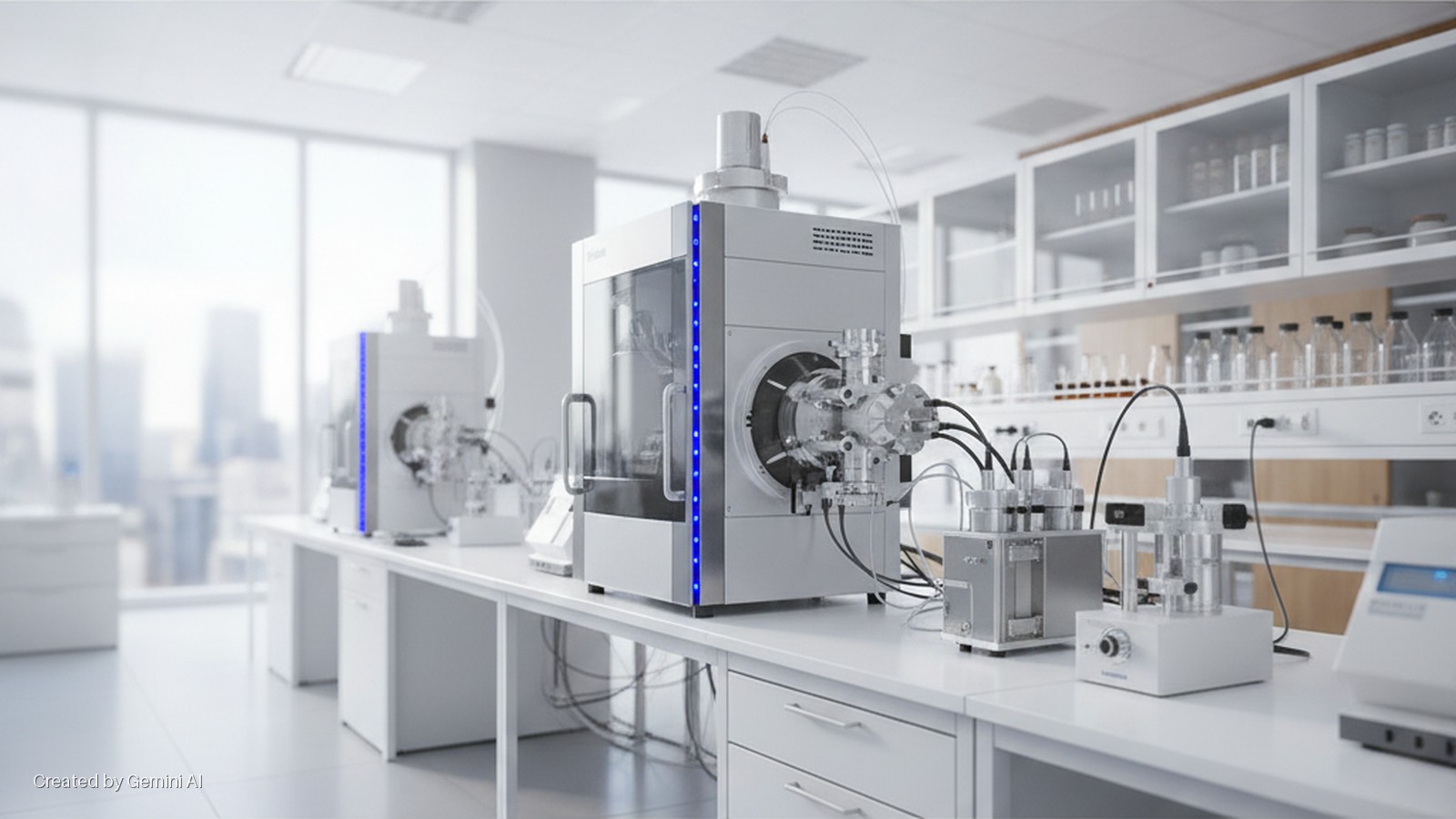 A well-lit, modern laboratory setup features a prominent grey and white analytical laboratory instrument with blue lights on a white bench, surrounded by smaller equipment, white cabinets filled with glassware, and large windows overlooking