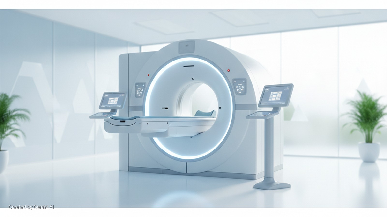 A modern, brightly lit medical imaging room features a white CT scanner with a patient table, blue accents, multiple digital control screens, and potted plants positioned by large windows.
