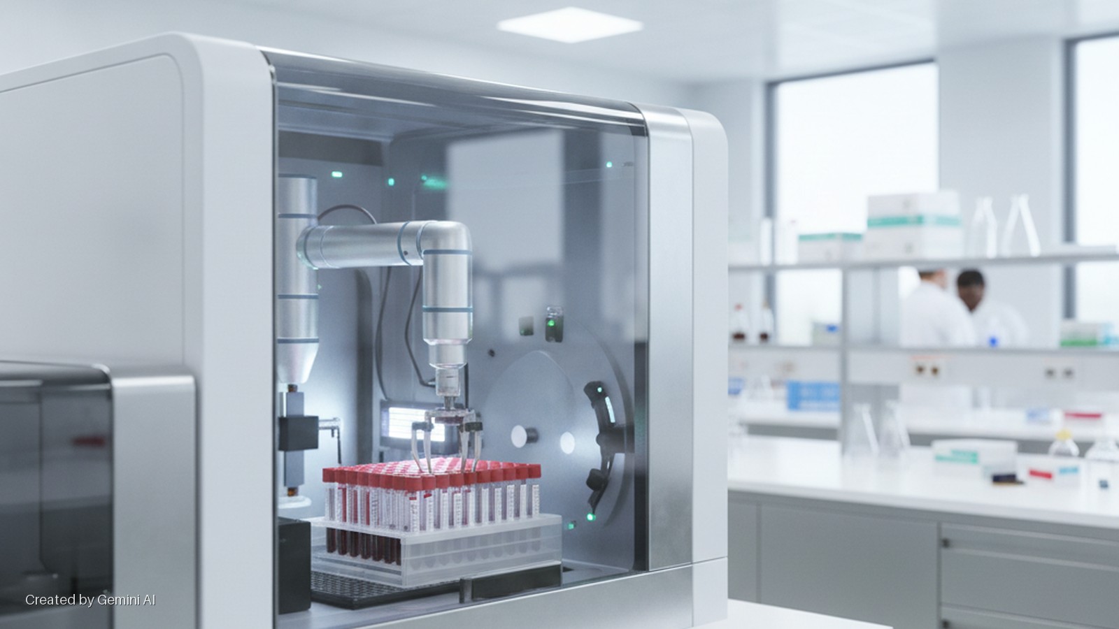 A modern laboratory automation machine with a robotic arm processes racks of blood sample tubes in a brightly lit lab, with shelves of glassware and two blurred scientists in the background.
