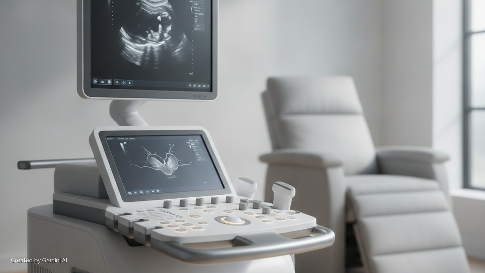 A modern ultrasound machine displaying medical scans on its two monitors and control panel is positioned in a brightly lit medical examination room with a recliner chair and window in the background.
