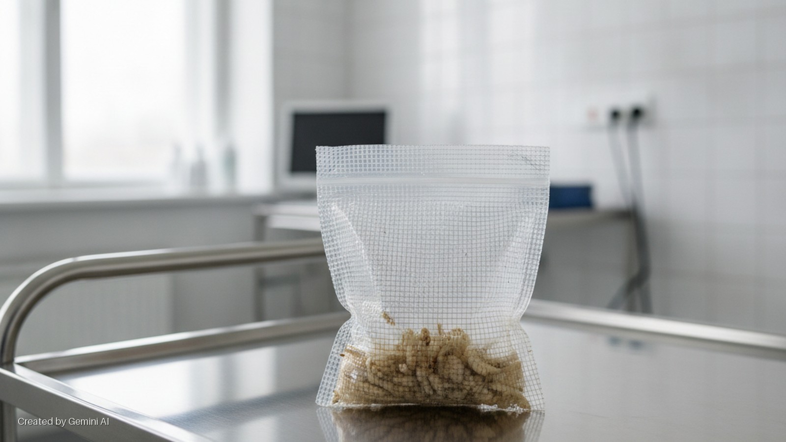 A clear, grid-patterned plastic bag filled with pale larvae rests on a shiny stainless steel medical cart in a brightly lit, sterile room with a window and tiled walls in the background.