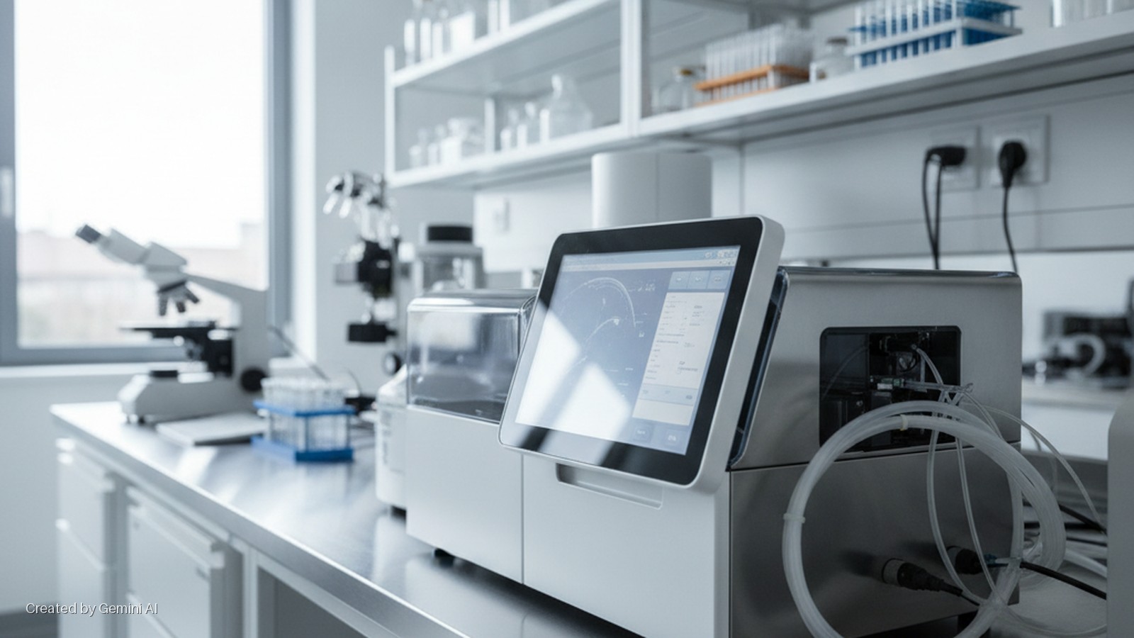 A bright laboratory features various scientific instruments, including a microscope, test tubes, and a piece of analytical equipment with a digital screen, illuminated by natural window light.