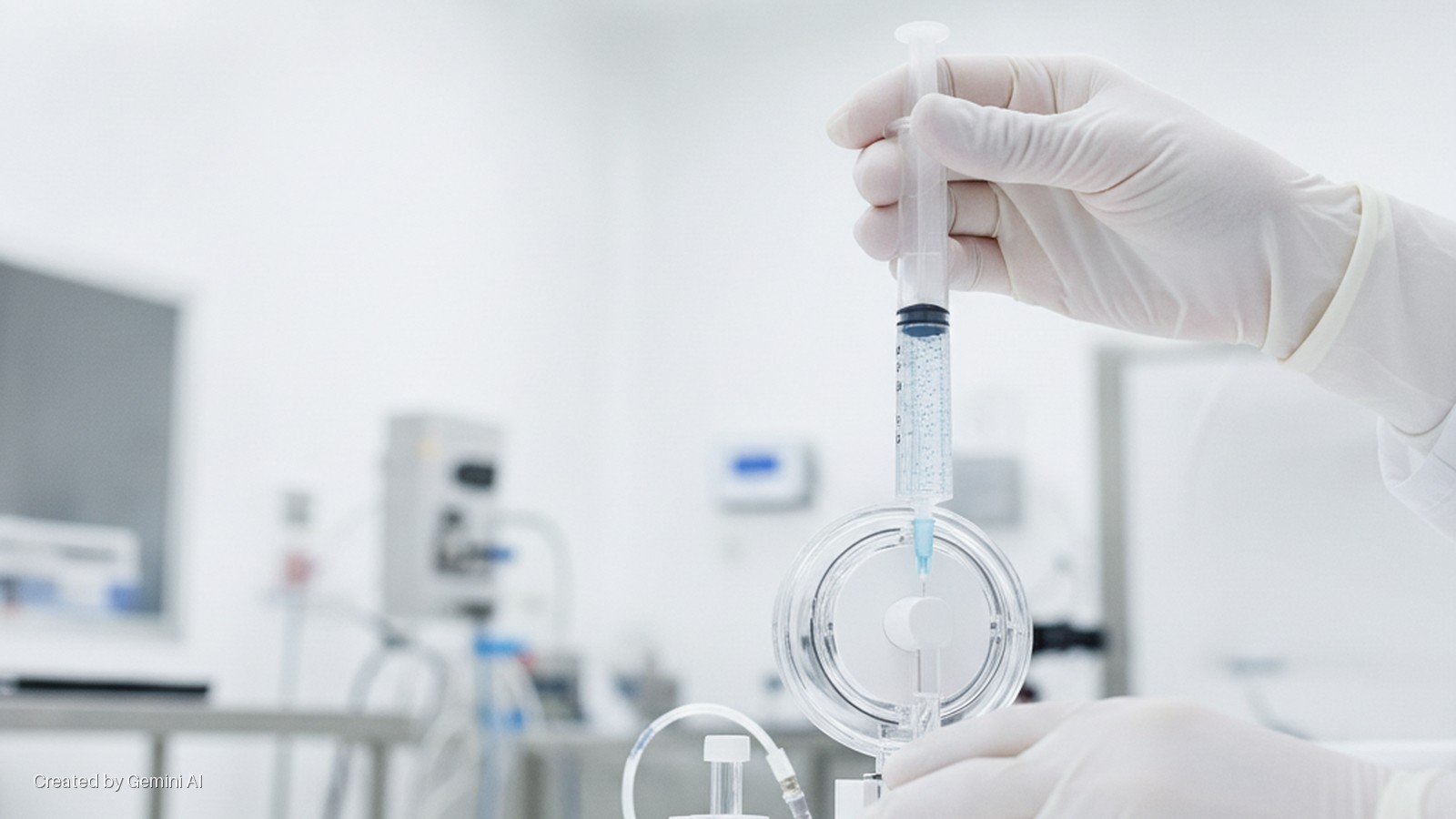 A gloved hand injects a clear, bubbly liquid from a syringe into a transparent circular processing device in a brightly lit, sterile laboratory.