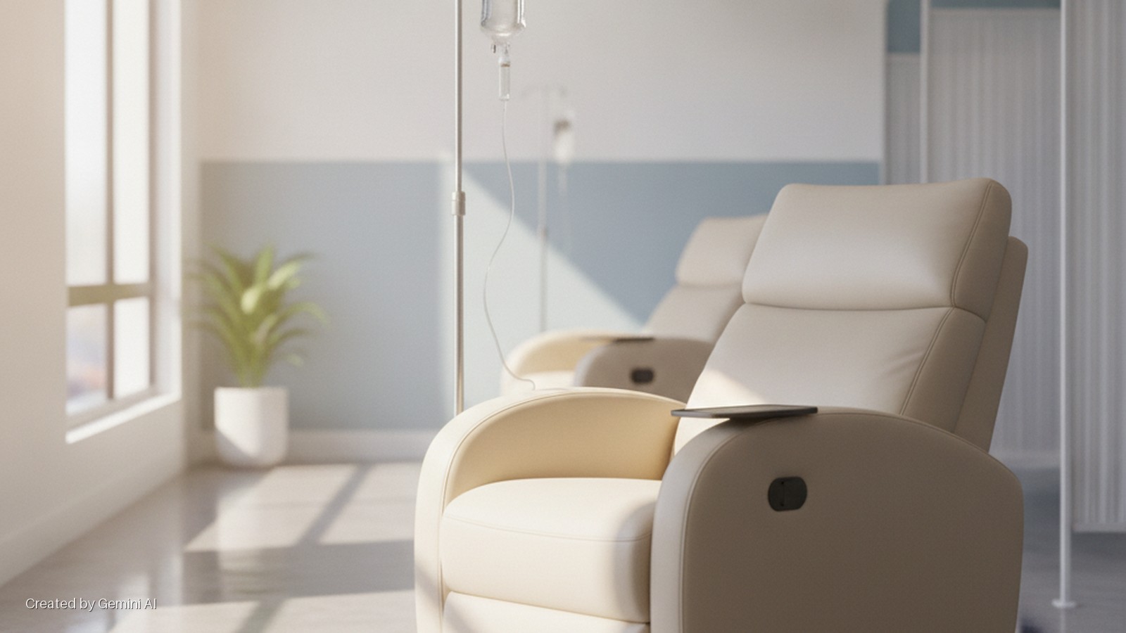 An infusion room features beige recliner chairs with IV stands, a potted plant by a sunlit window, and privacy screens, all illuminated by bright natural light.