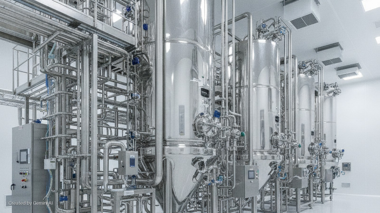 Brightly lit cleanroom with multiple large, gleaming stainless steel processing tanks, a complex network of interconnecting pipes, and various control panels.