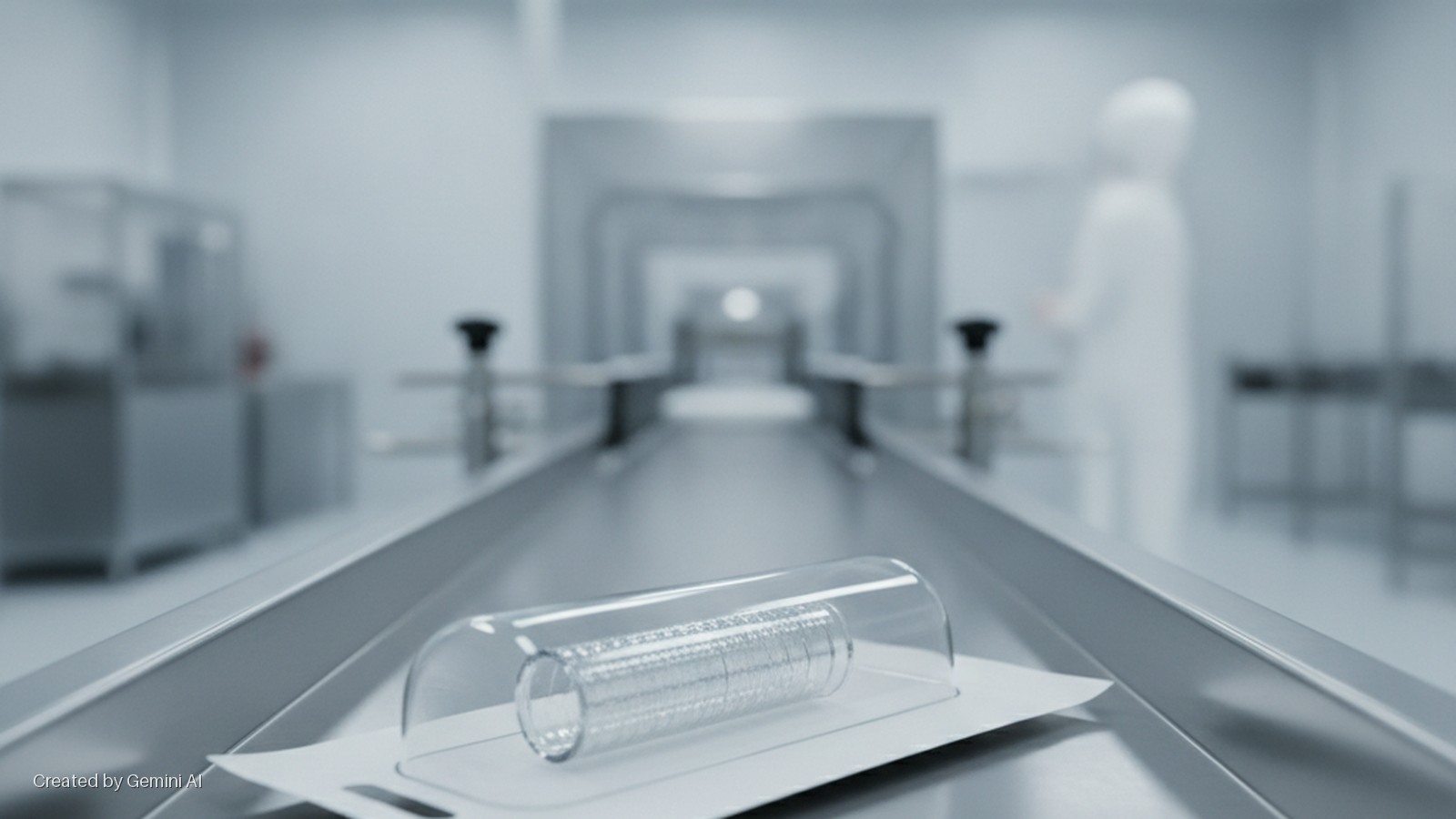 A clear glass tube containing a silver patterned cylinder on a white tray sits on a metallic surface in a brightly lit cleanroom, with blurred industrial equipment and a cleanroom-suited person in the background.