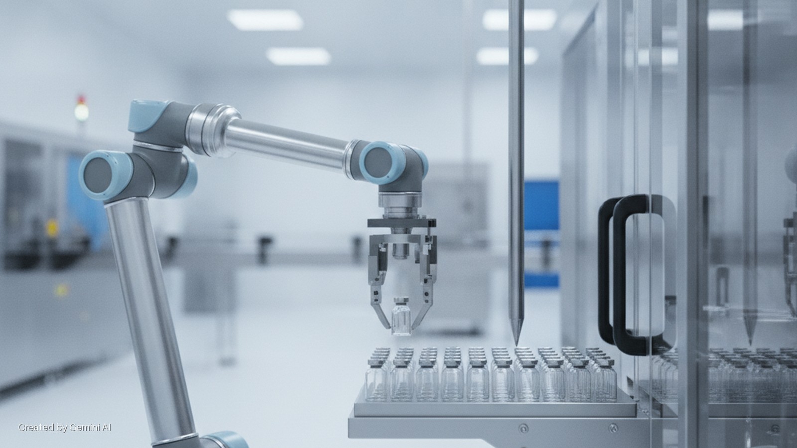 A robotic arm with light blue-grey joints holds a glass vial over a rack of vials in a brightly lit, sterile laboratory.