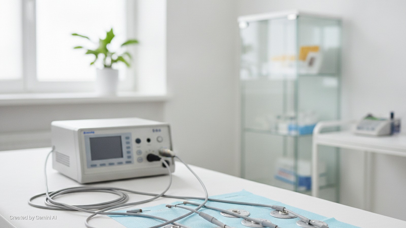 A bright medical examination room features a white medical console with cables and electrodes on a blue mat in the foreground, a potted plant by a window, and a glass cabinet and medical cart in the blurred background.