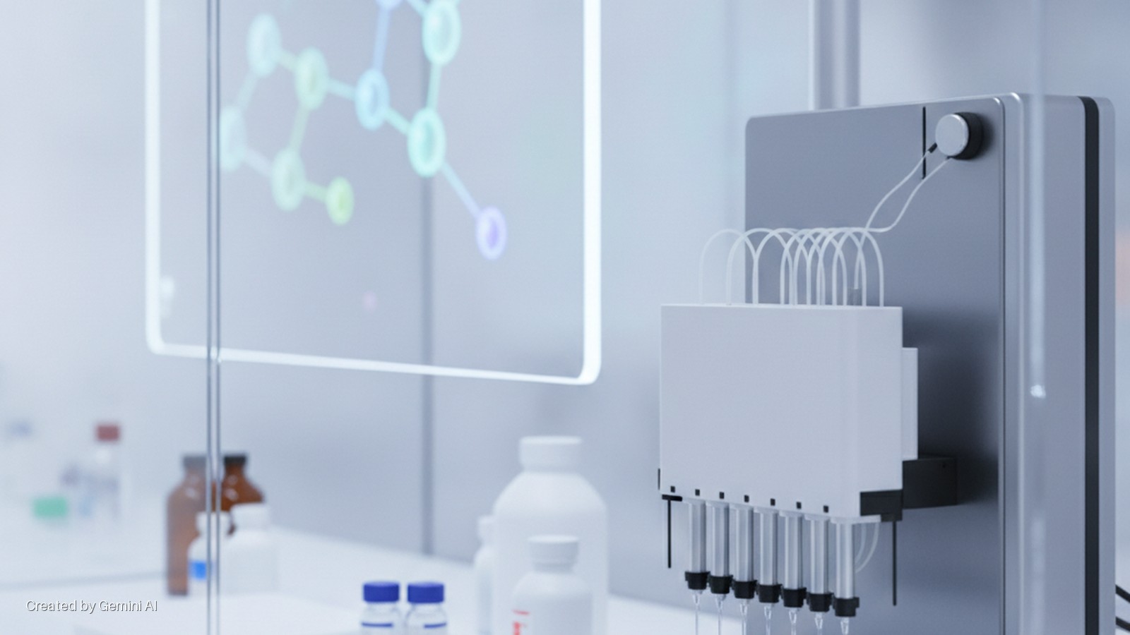 A modern laboratory features a multi-channel liquid dispensing system, various laboratory bottles, and a transparent display showing a colorful molecular structure, all illuminated by bright, clinical lighting.