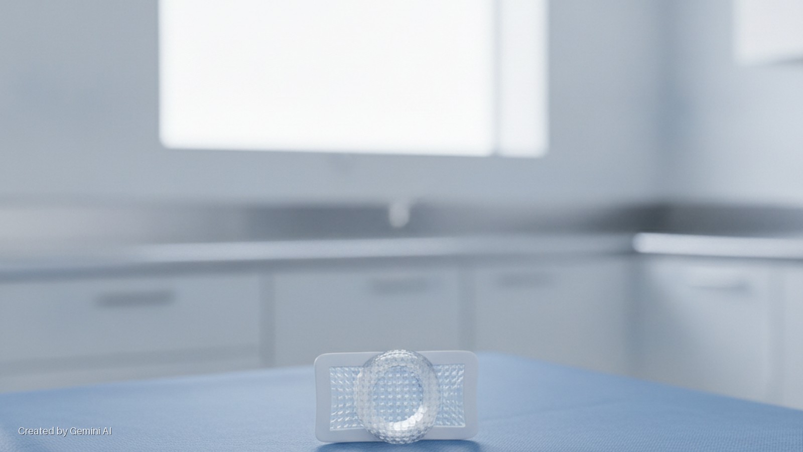 A white rectangular device with a clear, textured circular component rests on a light blue surface in a brightly lit, sterile room with white cabinets in the background.