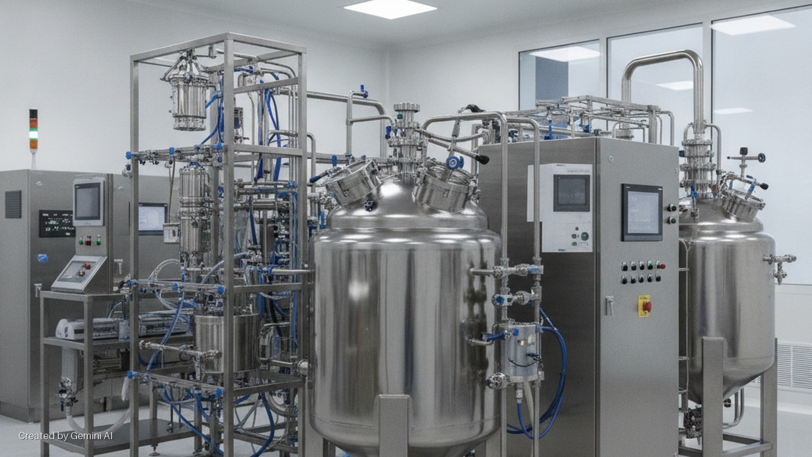Brightly lit cleanroom with large stainless steel biotechnological manufacturing equipment, including multiple tanks, intricate piping with blue tubing, and electronic control panels.
