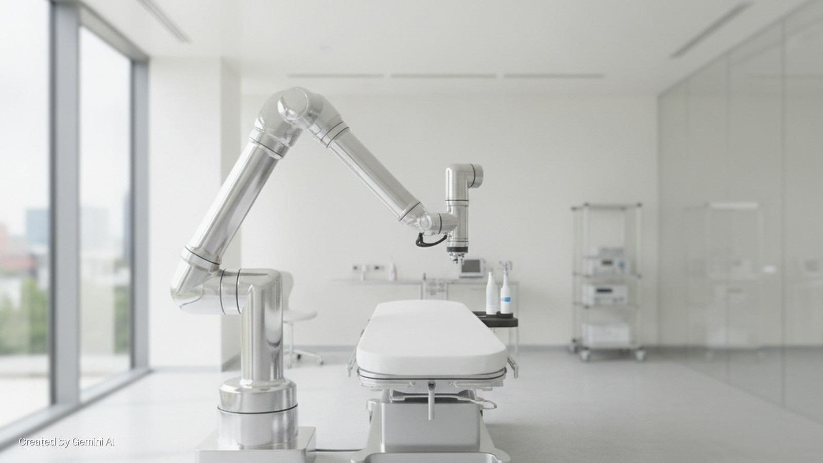 A bright, modern medical room features a metallic robotic arm positioned over a white examination table, with a large window showing a blurred cityscape and medical equipment carts in the background.