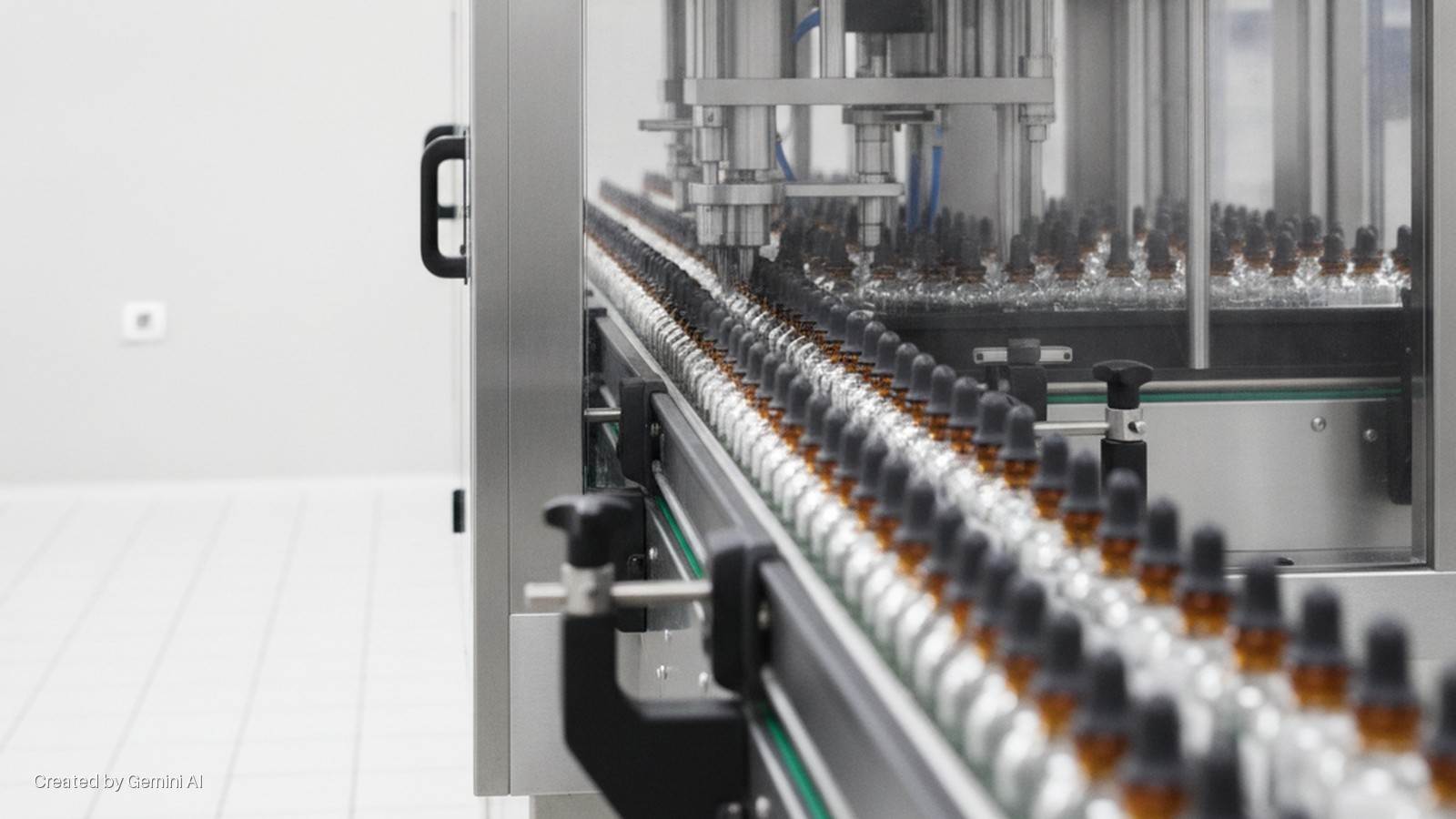 Rows of clear and amber dropper bottles move along a conveyor belt towards a filling and capping machine in a brightly lit manufacturing facility.